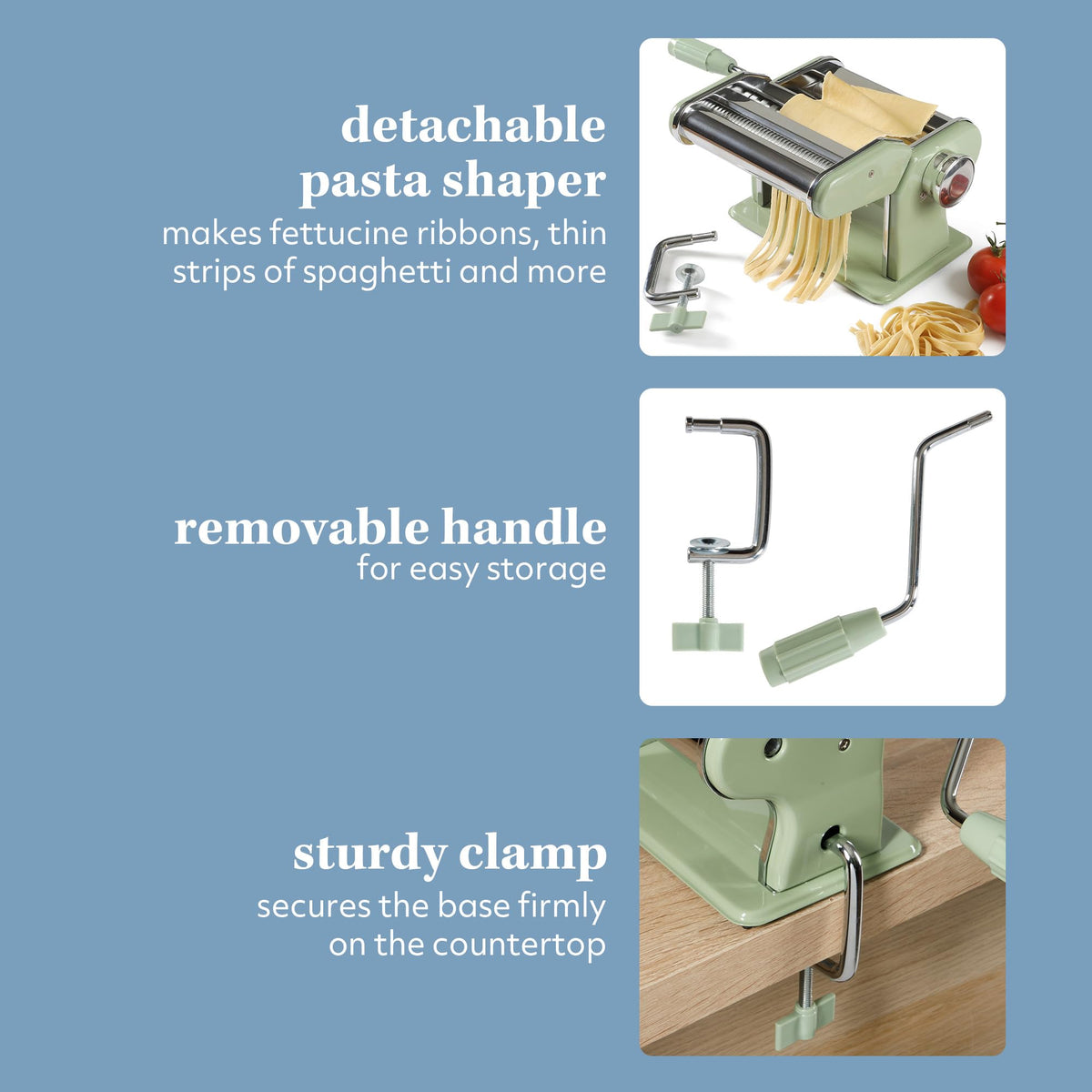 Sur La Table Va Bene cutting attachment supports versatile noodles like fettuccine and spaghetti.