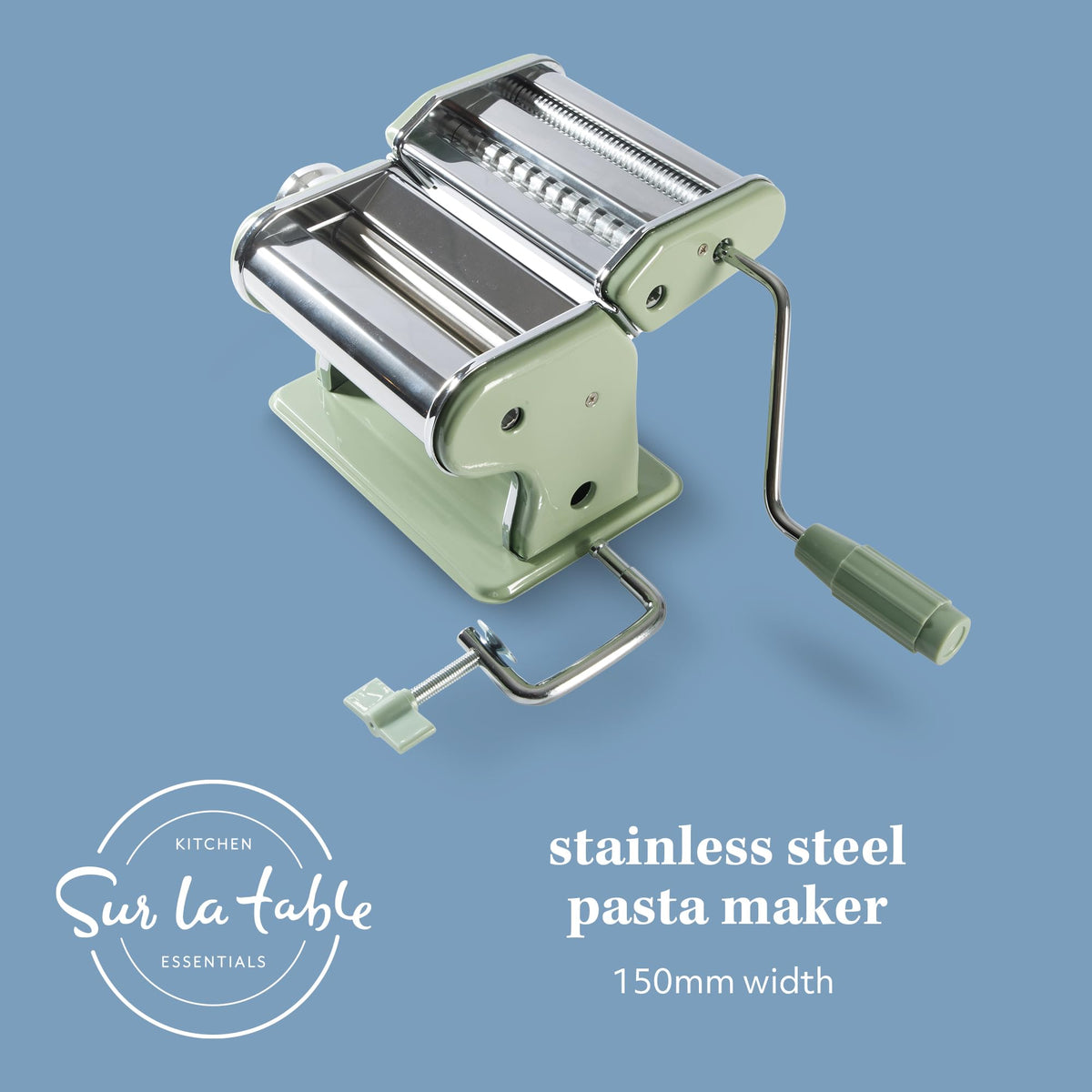 Sur La Table Va Bene pasta maker side view, showcasing sturdy build for busy kitchens.