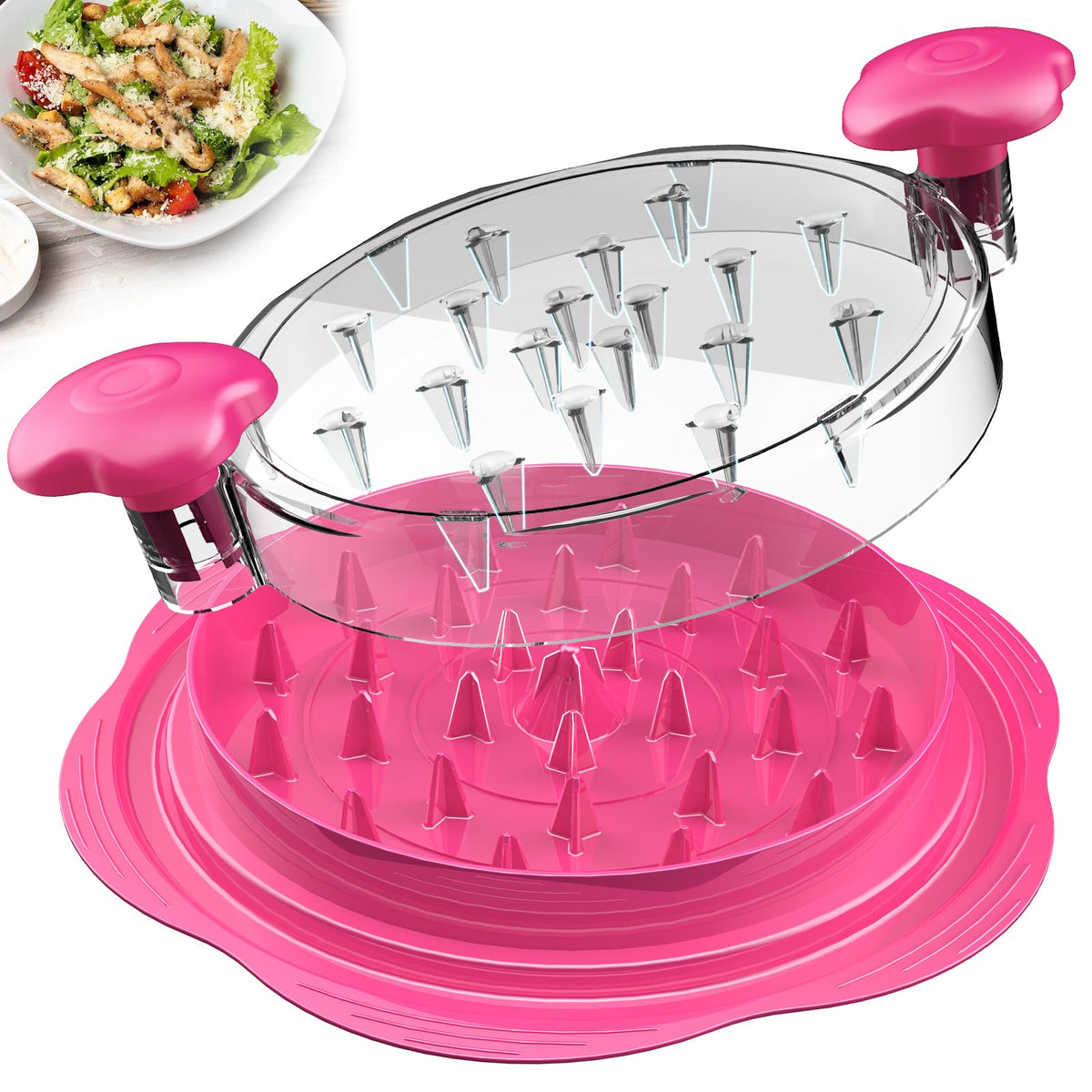 SURETIVIAN chicken shredder with hot pink lid enables quick, mess-free shredding.