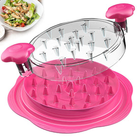 SURETIVIAN chicken shredder with hot pink lid enables quick, mess-free shredding.