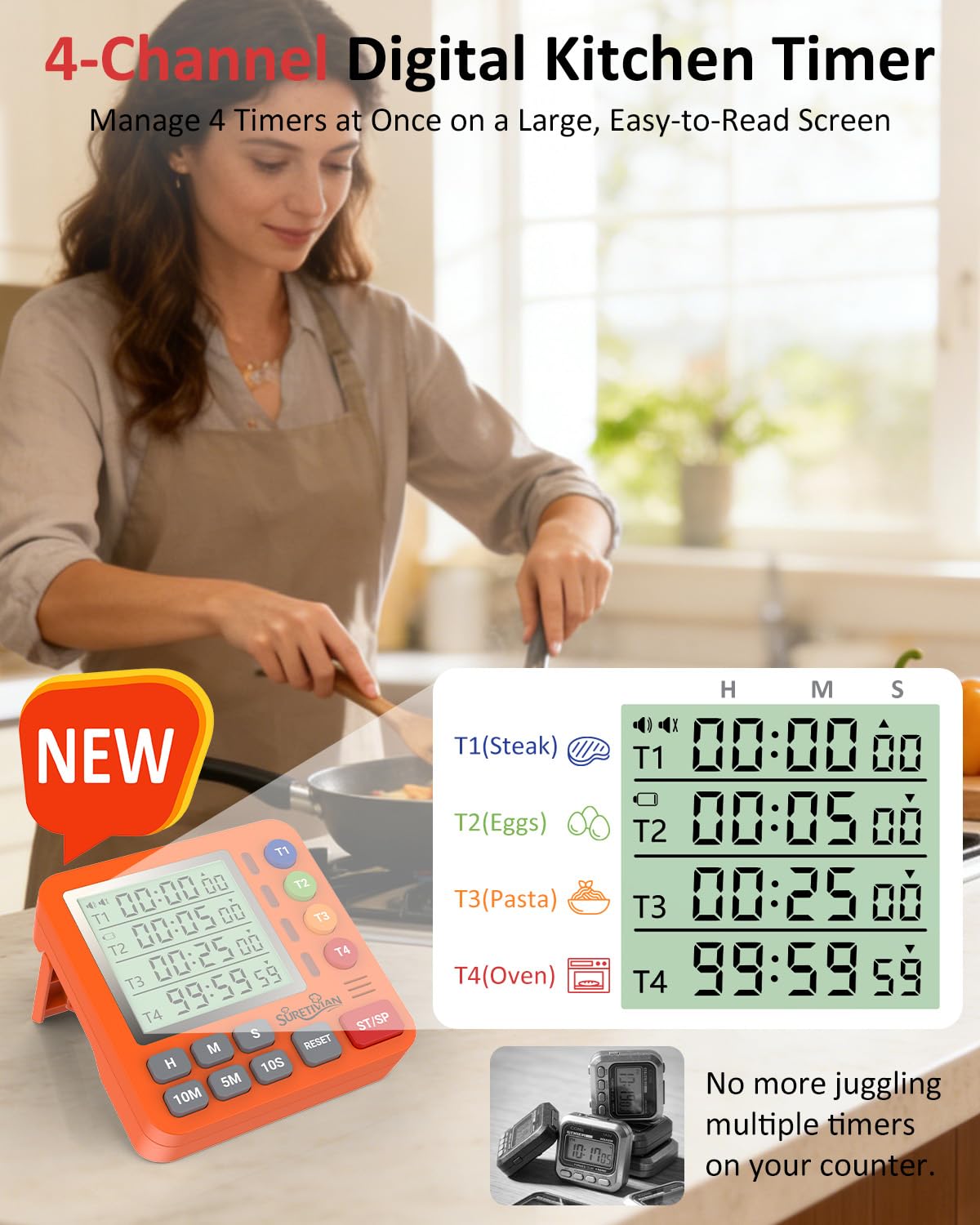 Suretivian timer with a 20° adjustable stand for easy reading while cooking.