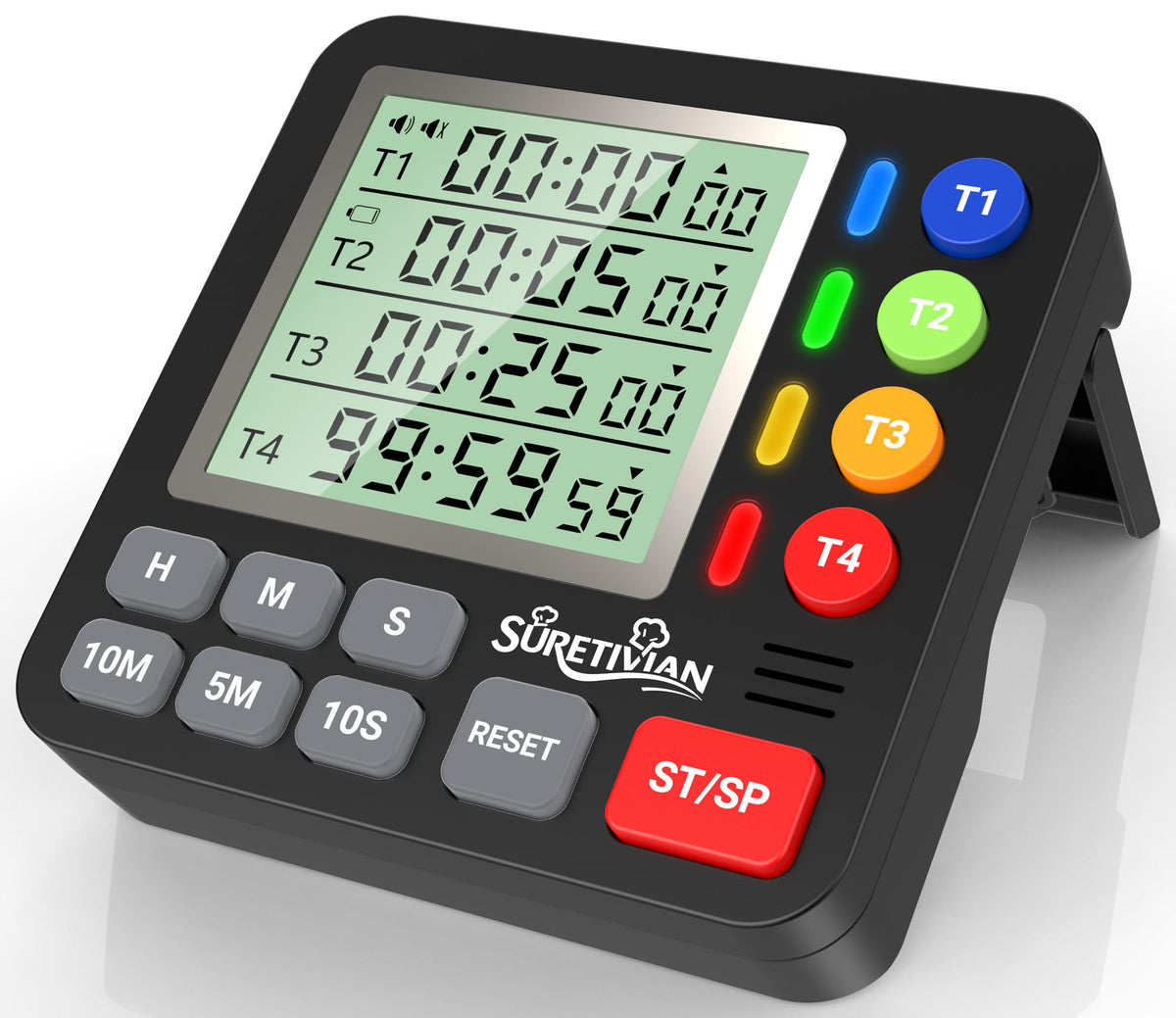 SURETIVIAN digital kitchen timer front view shows four timers for multitasking meals.