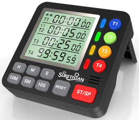 SURETIVIAN digital kitchen timer front view shows four timers for multitasking meals.