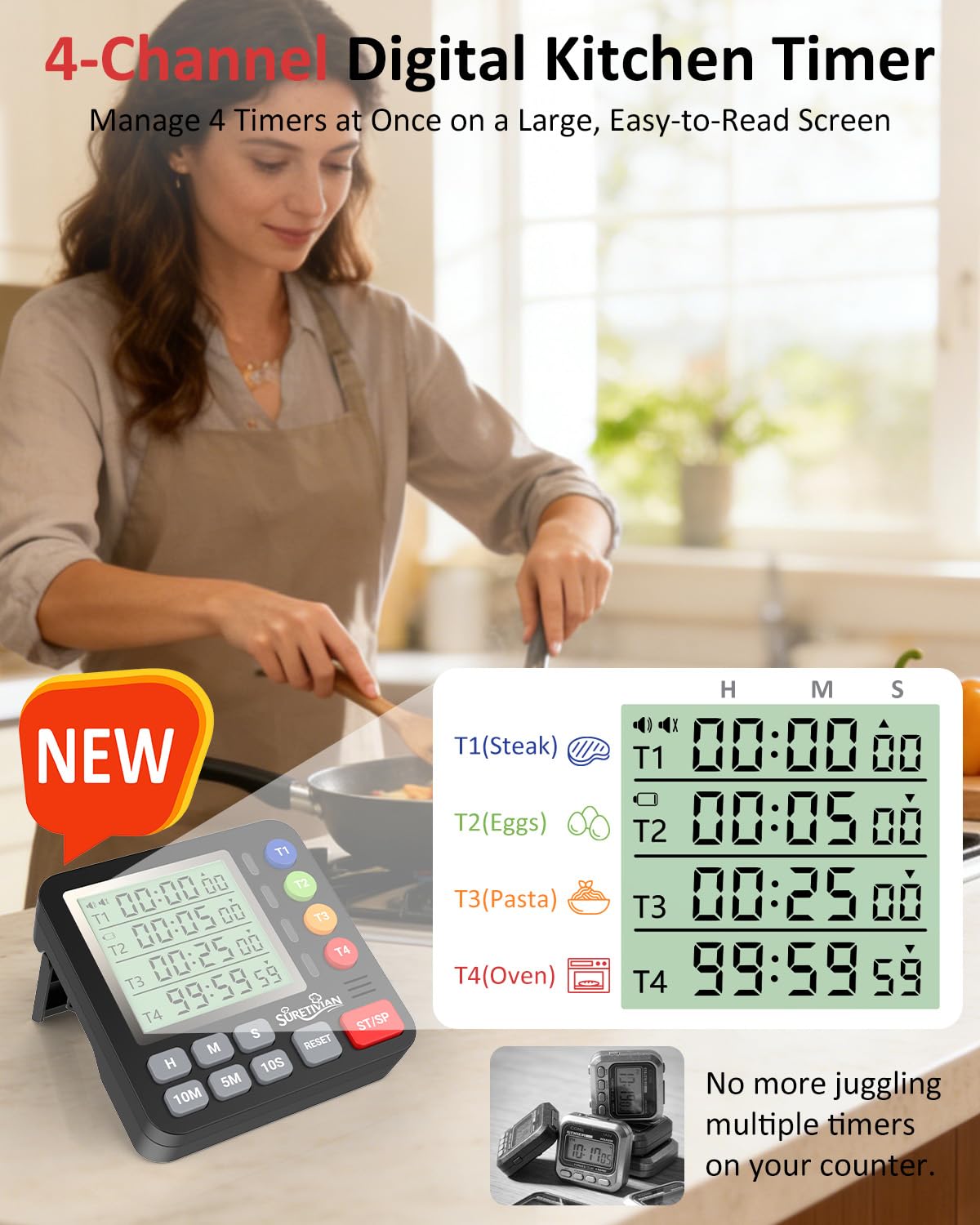 SURETIVIAN timer with large display for easy reading during cooking.