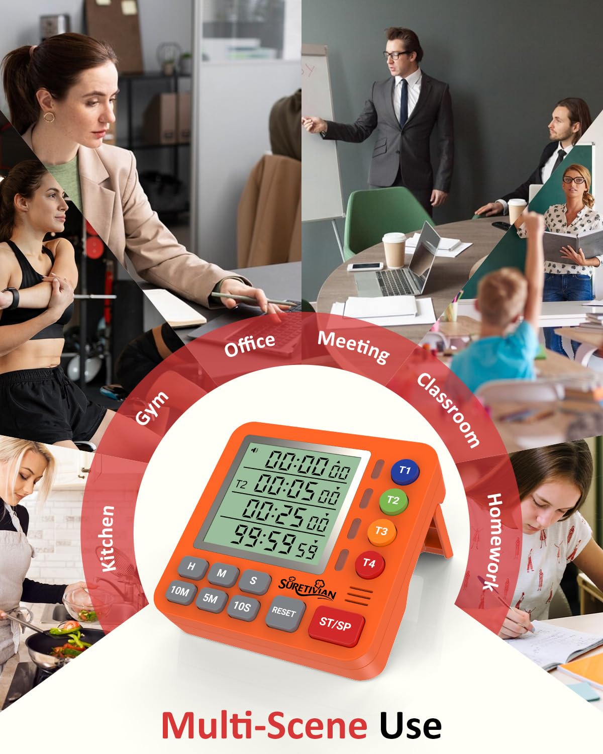 Suretivian timer counts up or down for flexible time tracking.