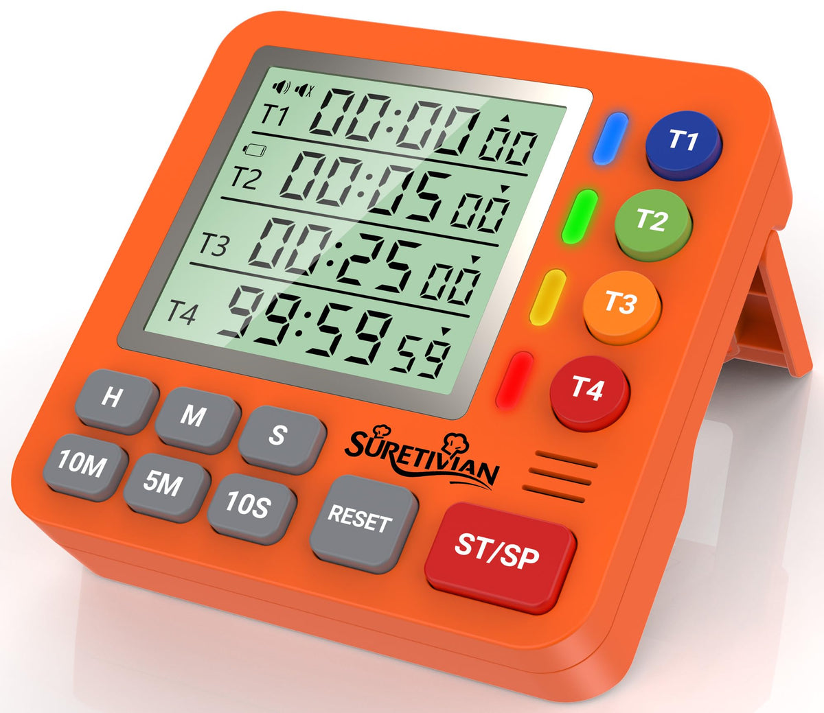 Suretivian digital kitchen timer with four timers on one screen for precise multi-dish timing.