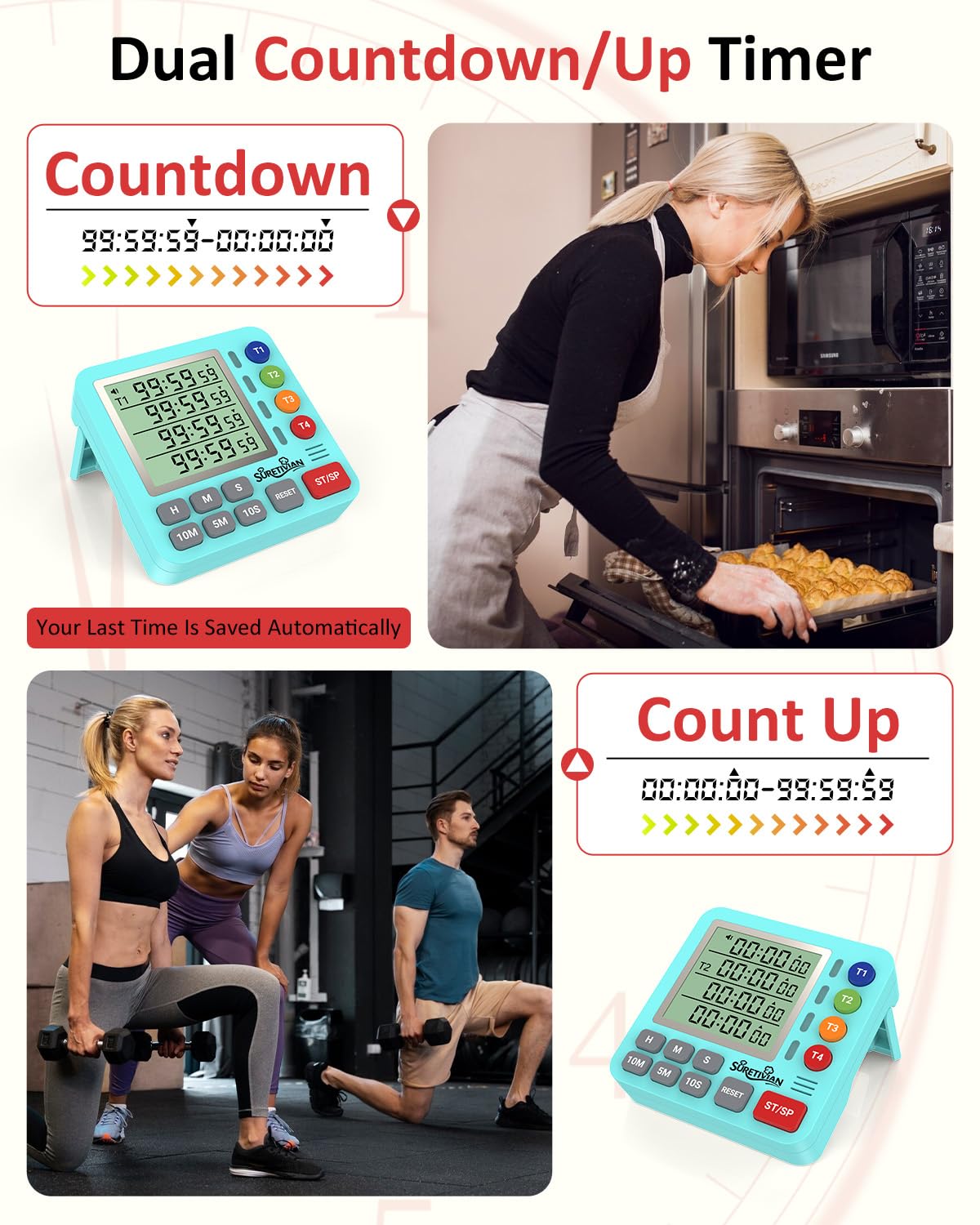 SURETIVIAN timer counts up to 99h59m59s for extended tasks