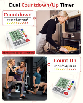 Counts up or down to 99:59:59 for flexible timing