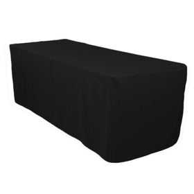 Surmente black fitted tablecloth on a 6-foot table showing a clean, professional setup