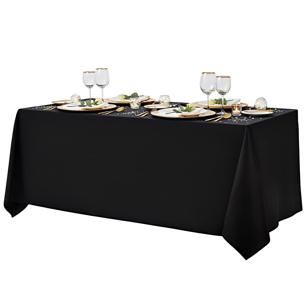 Surmente black rectangle tablecloth draped on a 6-8 ft table for a polished banquet look.