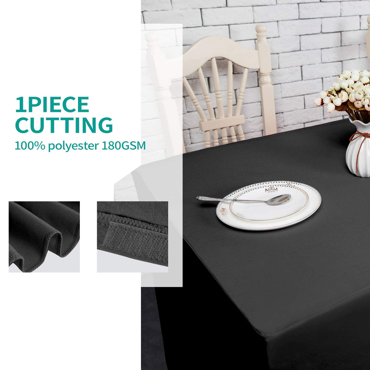 Surmente restaurant dining area with black rectangular tablecloth; professional look.