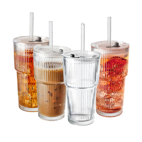 Suroque 20oz ribbed glass tumbler with lid keeps beverages cool and spill-free.