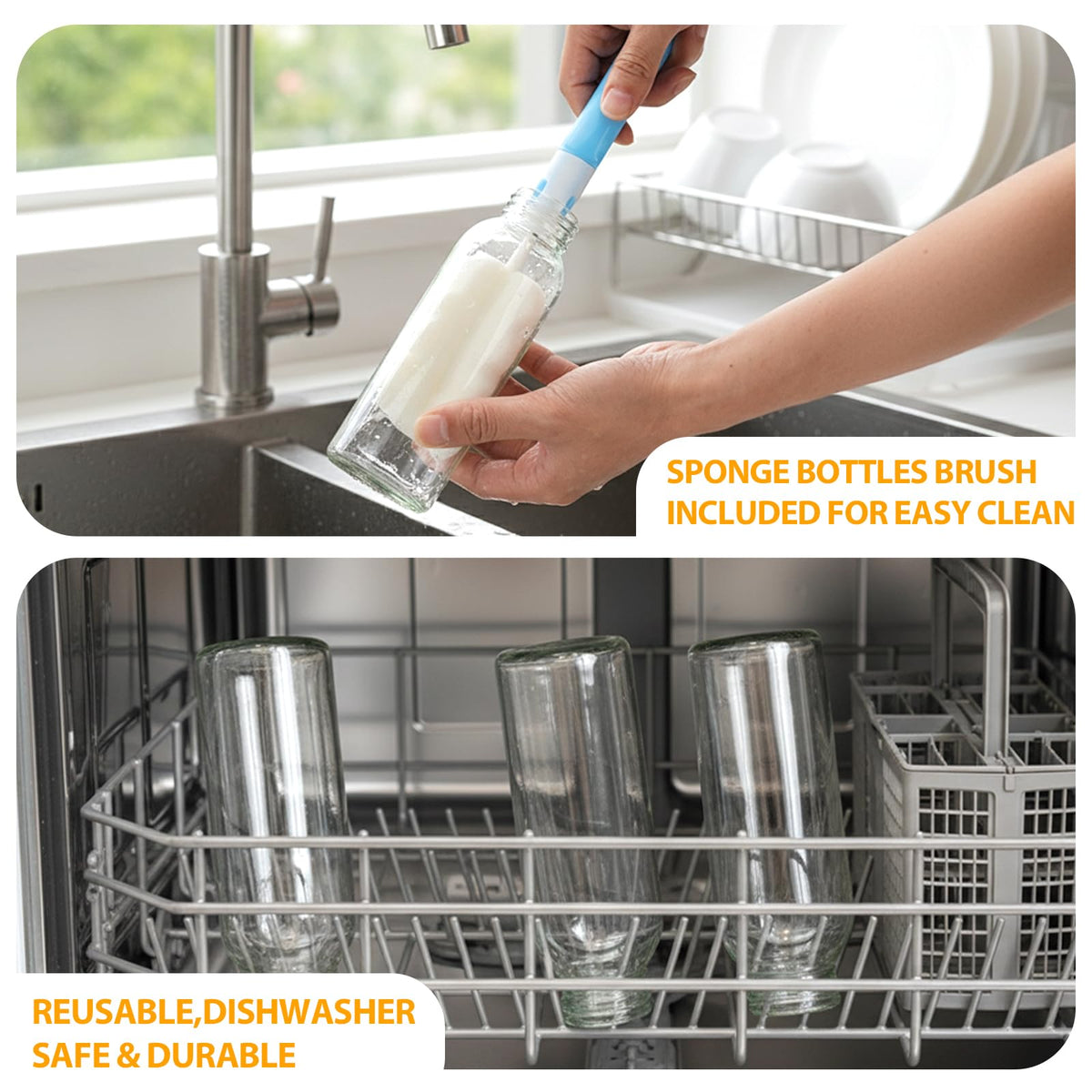 Sursip bottle brush keeps glass bottles clean and ready.