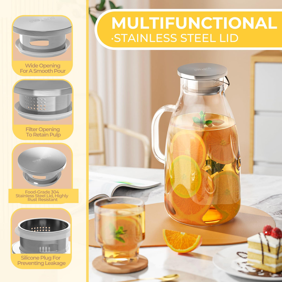 SUSTEAS borosilicate glass jar showing heat resistance for hot or cold drinks.