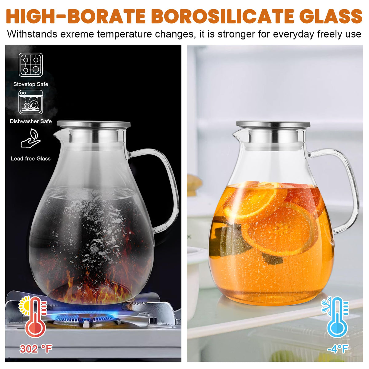 SUSTEAS borosilicate glass pitcher ideal for iced tea and cold beverages.