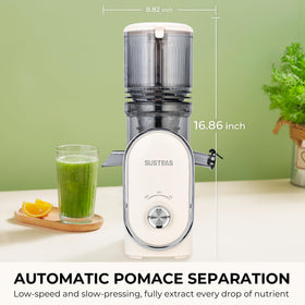 SUSTEAS white compact juicer fits neatly on kitchen counters.