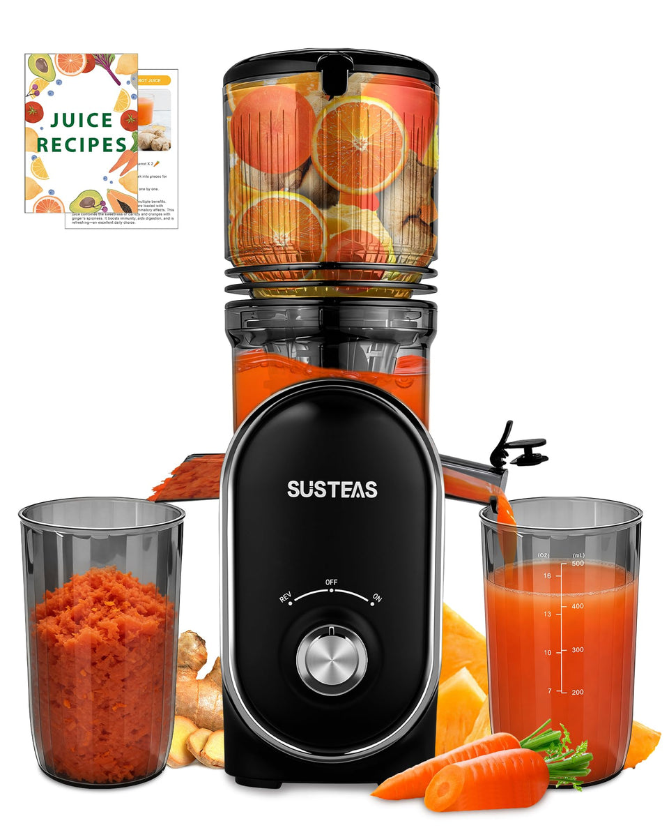SUSTEAS cold press juicer front view for quick countertop juice prep.