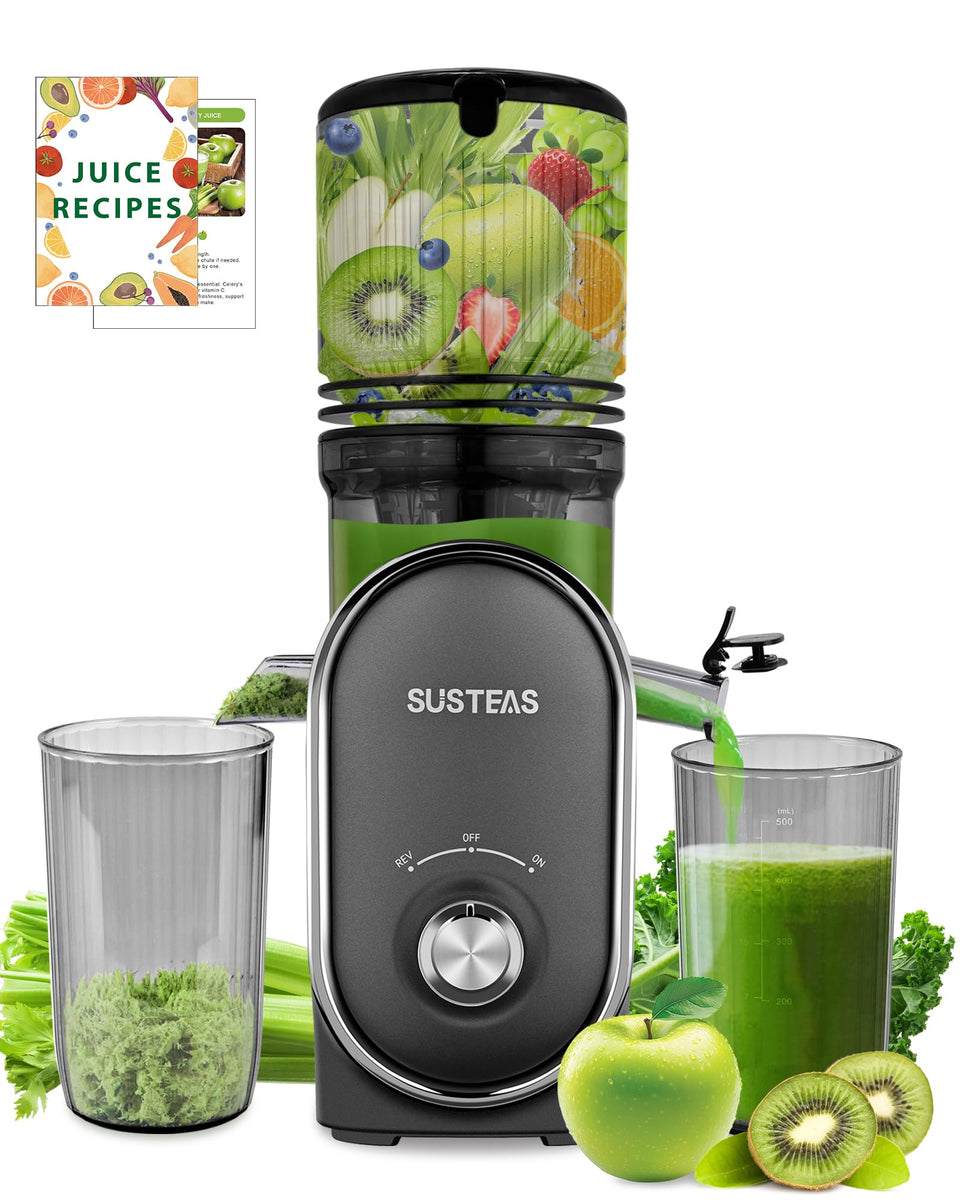 SUSTEAS cold press juicer front view with wide feed chute for quick whole-fruit juicing