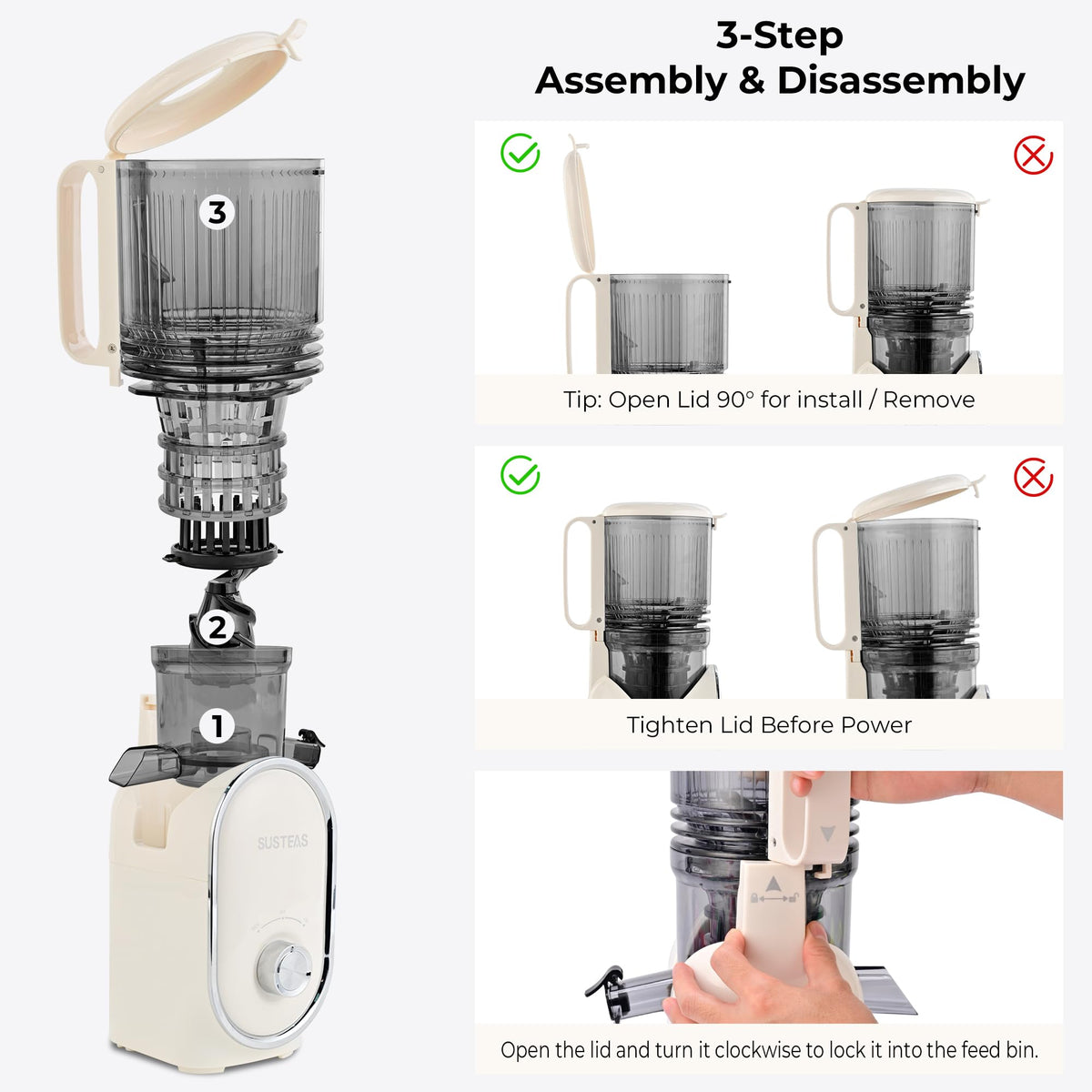 SUSTEAS juicer shows secure lid to prevent accidental openings.