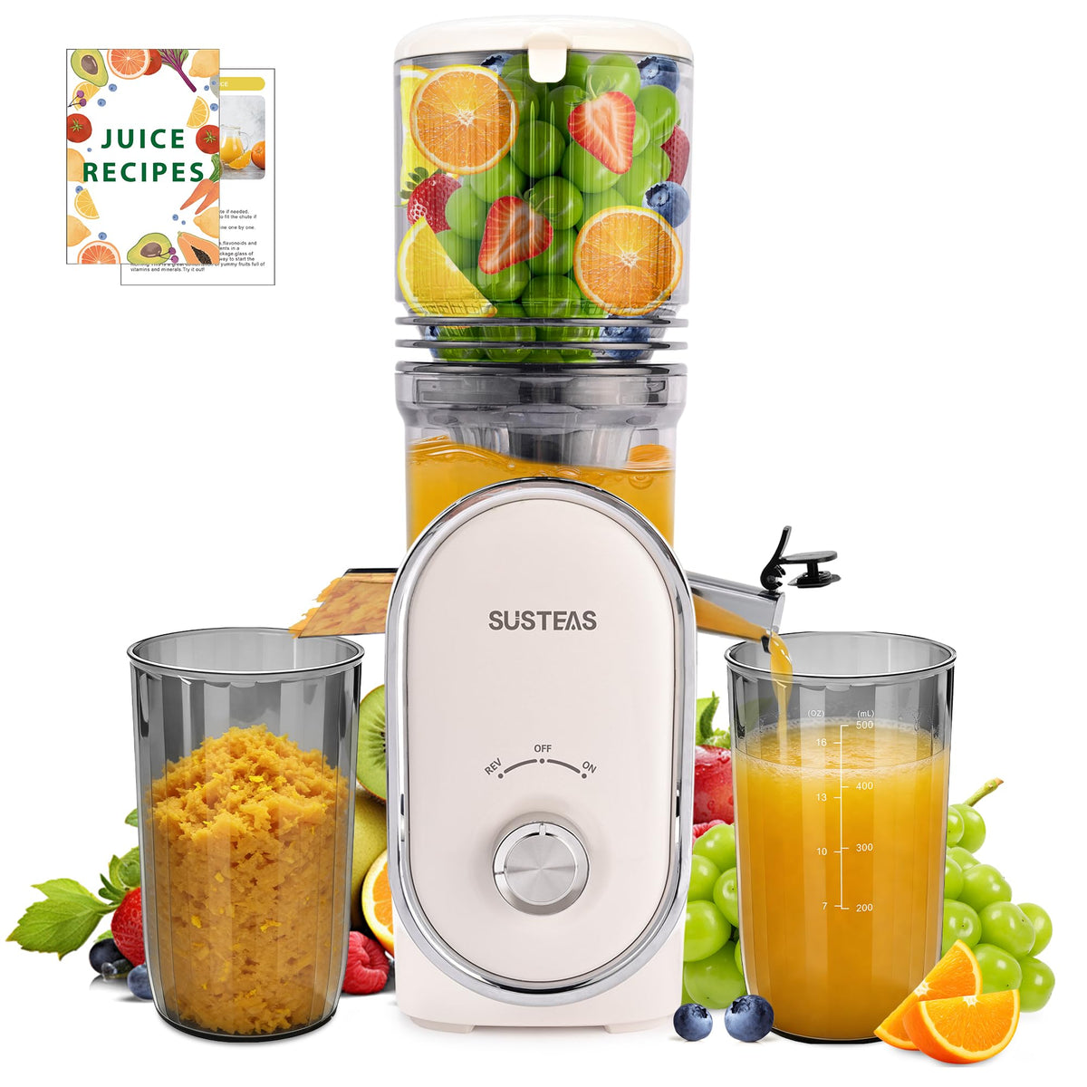 SUSTEAS Cold Press Juicer with wide feed chute for whole fruits.