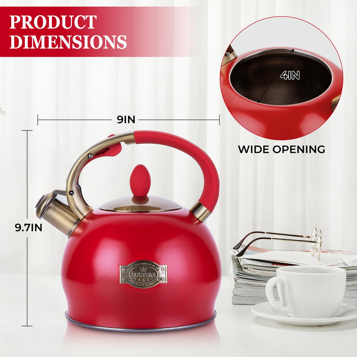 SUSTEAS gift-ready red kettle in premium packaging.
