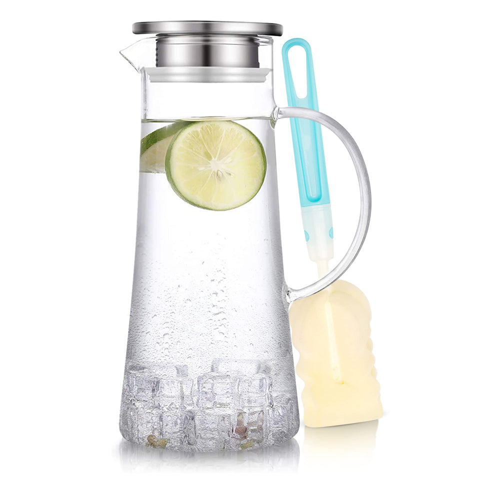 SUSTEAS glass pitcher with lid for easy, mess-free pouring and versatile beverages