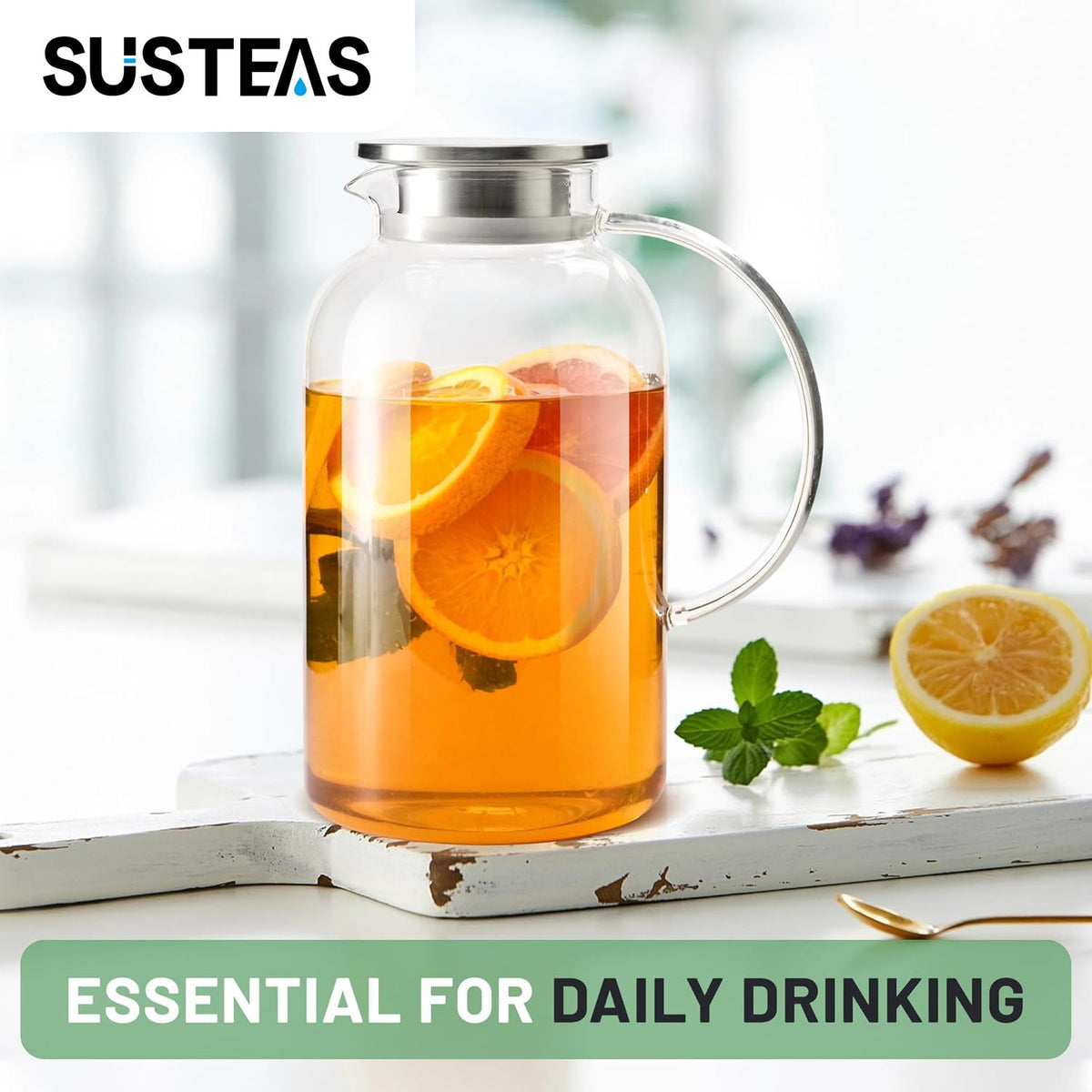 SUSTEAS versatile pitcher for iced tea, juice, or cocktails