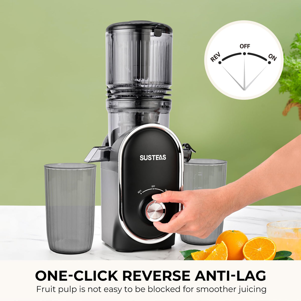 SUSTEAS juice and pulp cups show 18.5oz juice and 15.5oz pulp capacity.
