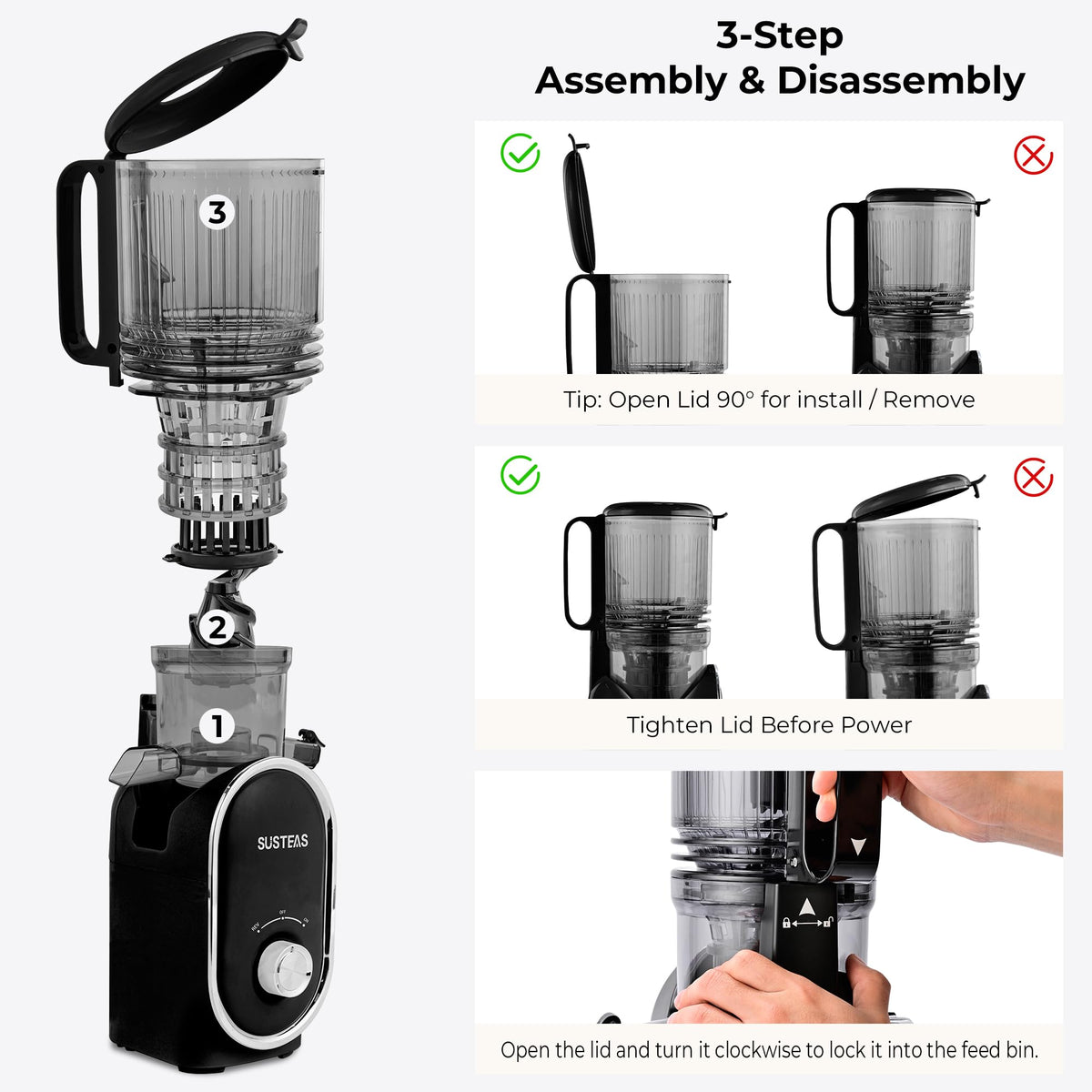SUSTEAS juicer assembled for easy cleaning with integrated hopper and screen.