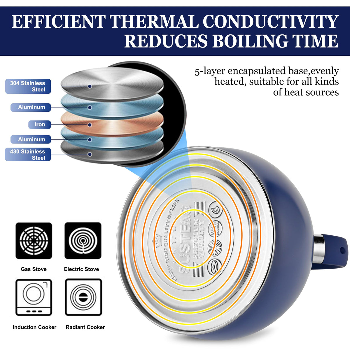 SUSTEAS large-capacity kettle with 2.64 qt max, suited for family tea moments.