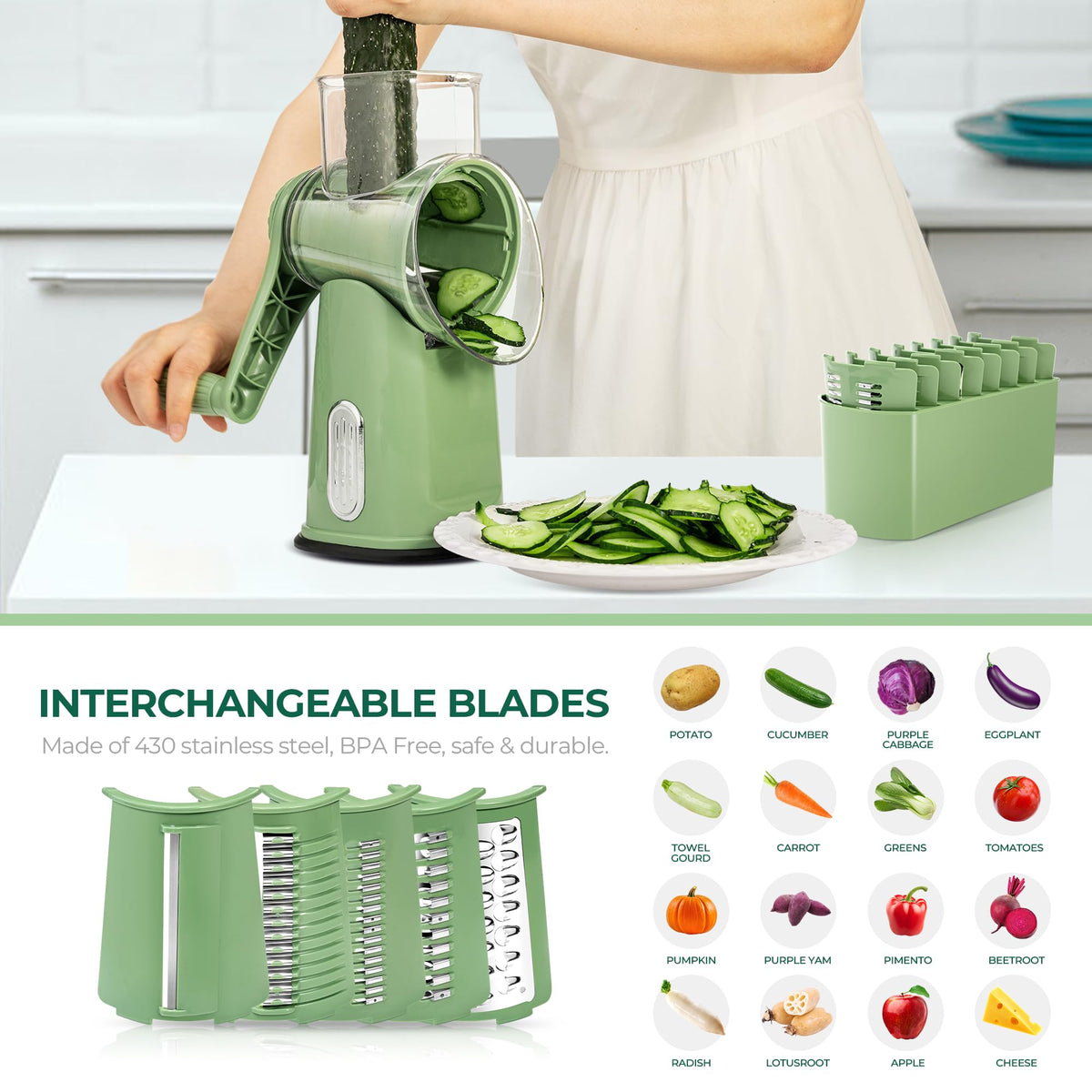 SUSTEAS retro green finish adds style.