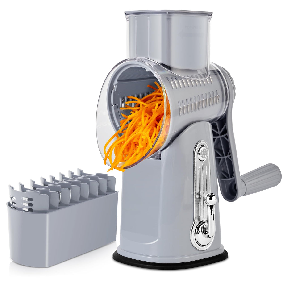 SUSTEAS rotary cheese grater with handle for stable, even shredding on a clean counter.