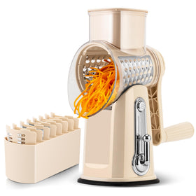 SUSTEAS rotary cheese grater with handle for easy shredding on counters.