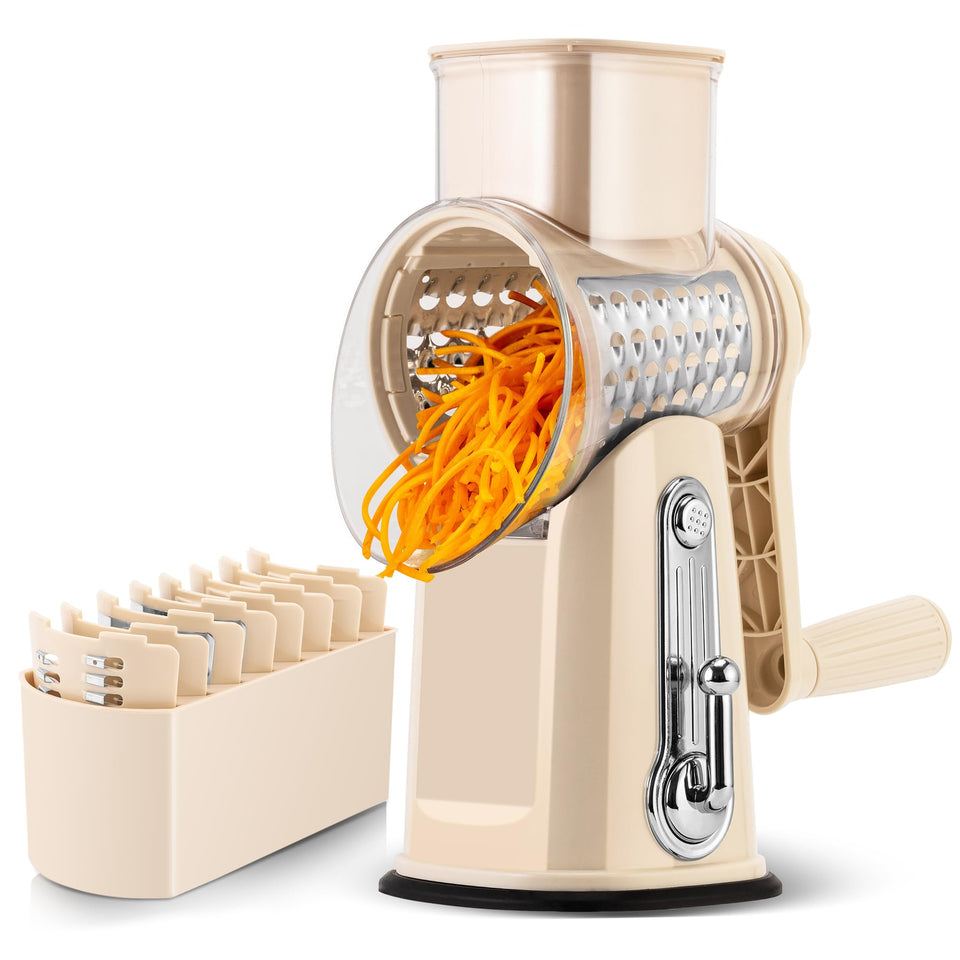 SUSTEAS rotary cheese grater with handle for easy shredding on counters.