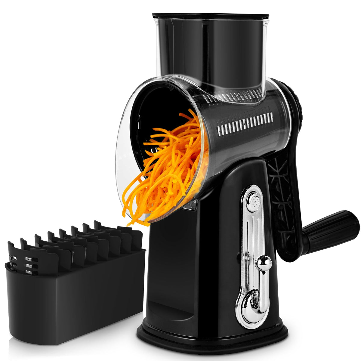 SUSTEAS rotary cheese grater with handle for quick, even shredding.