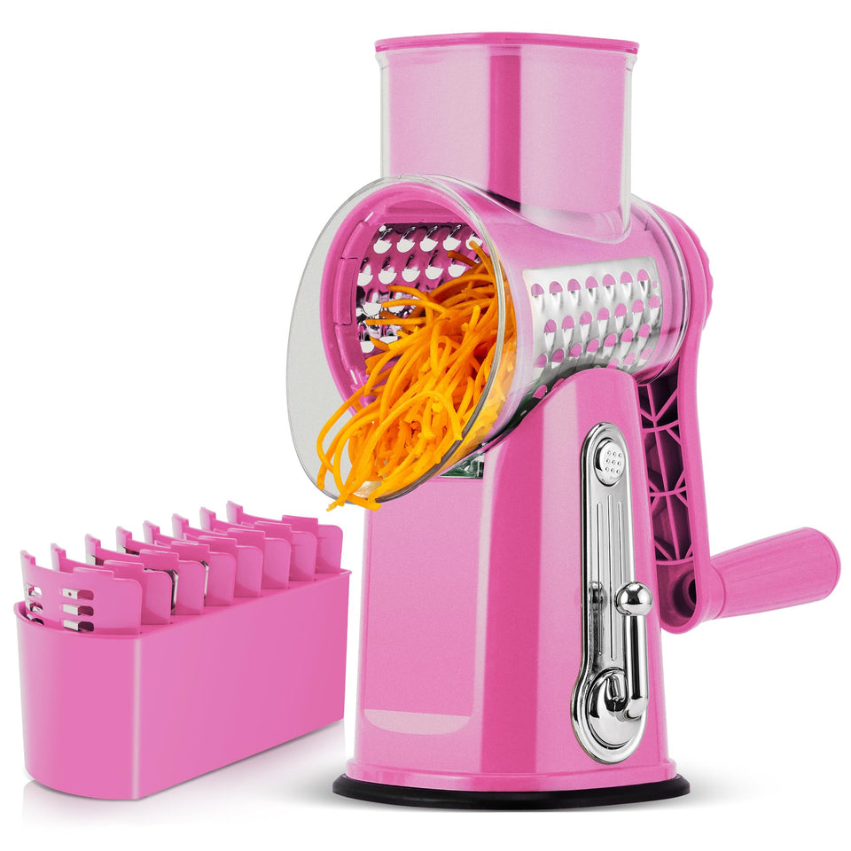 SUSTEAS rotary cheese grater with handle, 5 blades, for quick shredding.