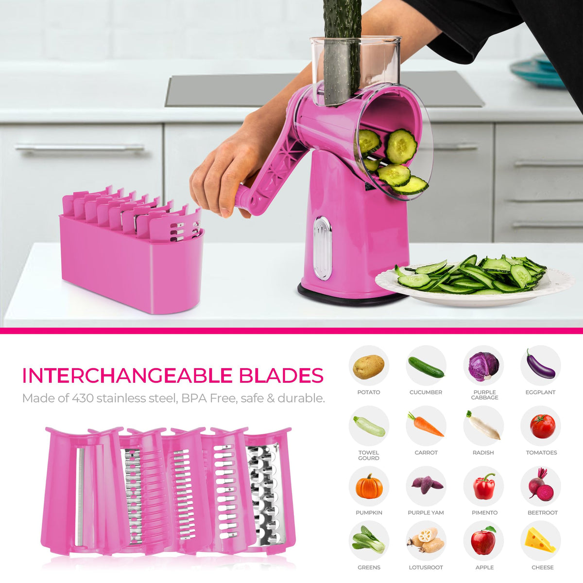 SUSTEAS round mandoline slicer provides even, safe slices.