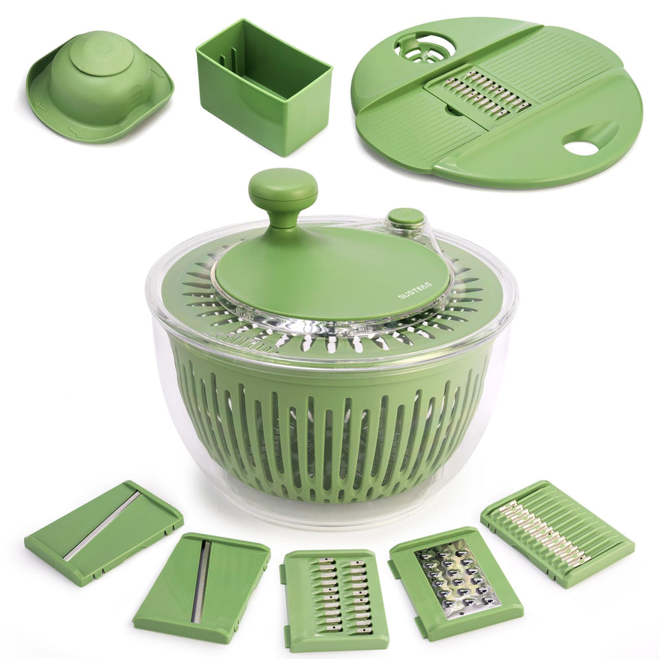 SUSTEAS Salad Spinner Large drying basket with greens ready to spin and dry