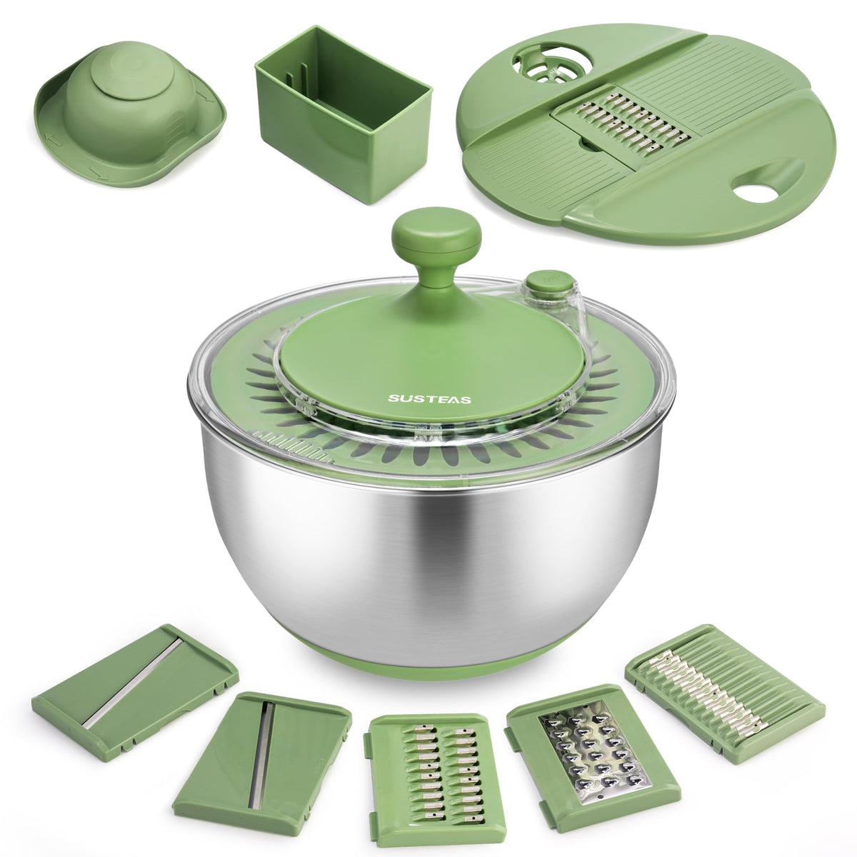 SUSTEAS stainless steel salad spinner large with lid for quick washing and drying.