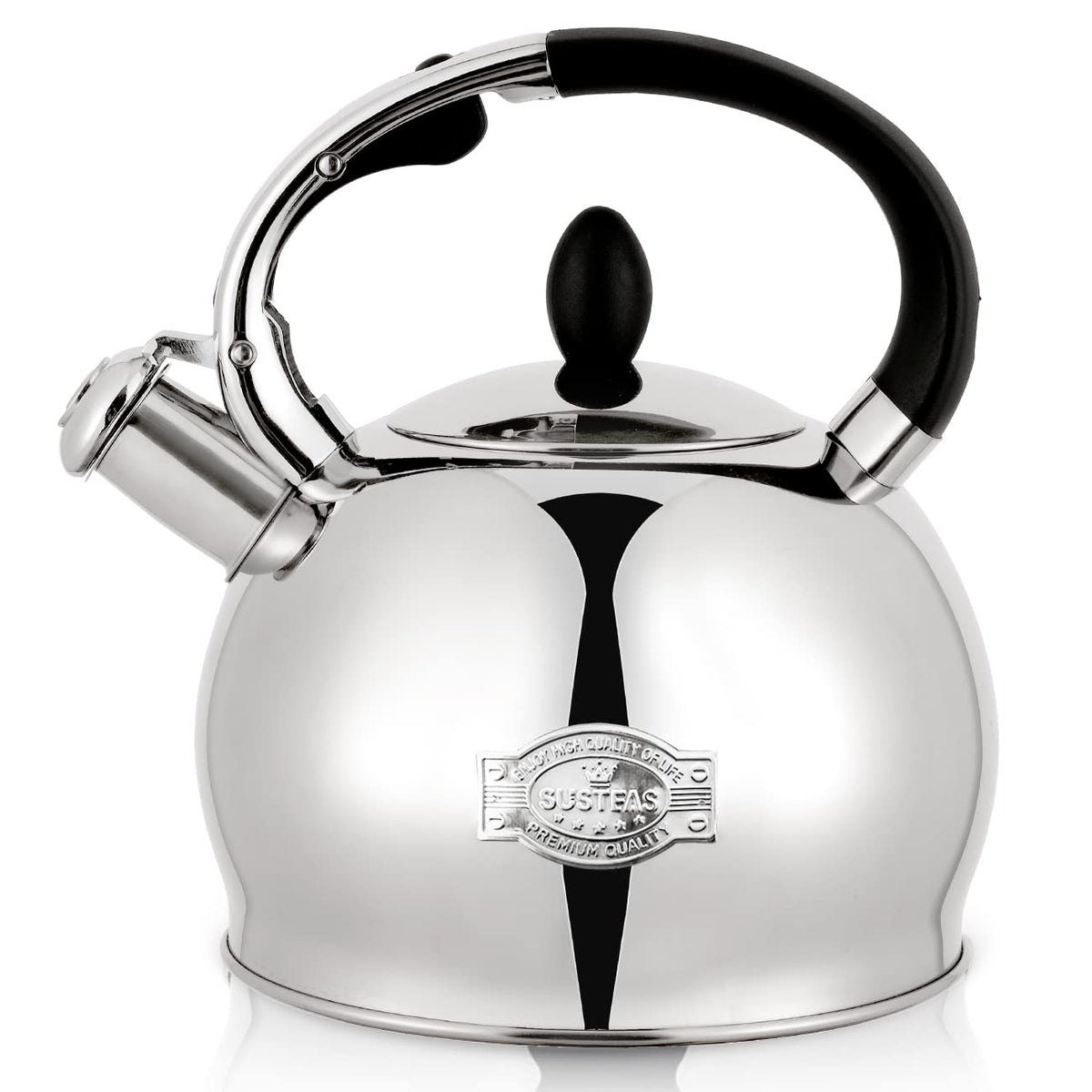 SUSTEAS stove top kettle handle close-up shows cool-touch grip for safe pouring