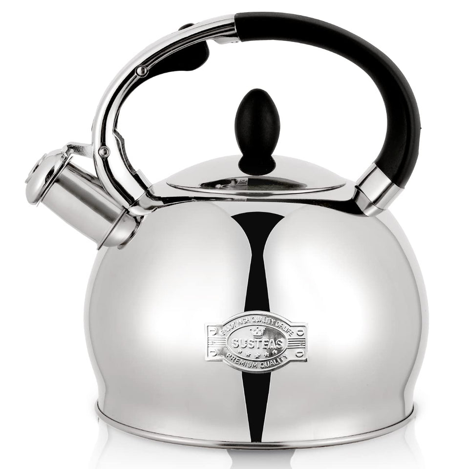 SUSTEAS stove top kettle handle close-up shows cool-touch grip for safe pouring
