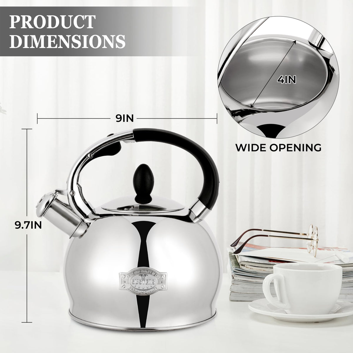 SUSTEAS induction-compatible kettle for use on all cooktops