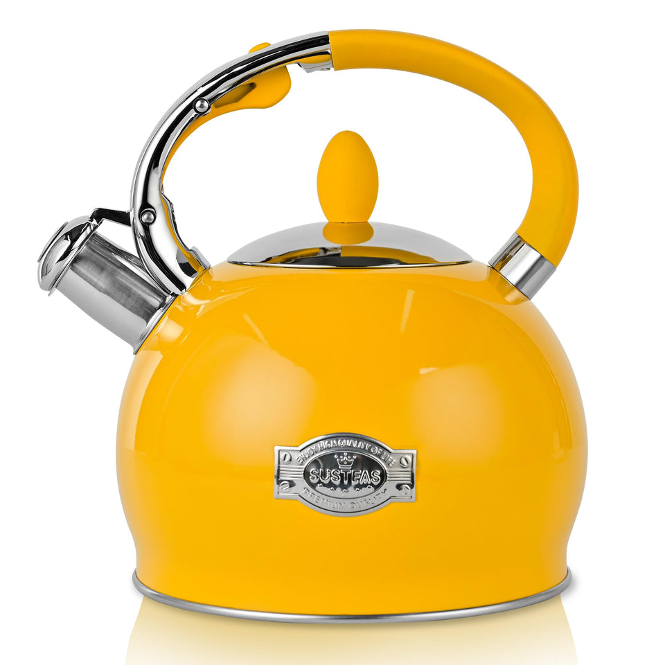 SUSTEAS stove-top tea kettle front view in yellow for quick family tea