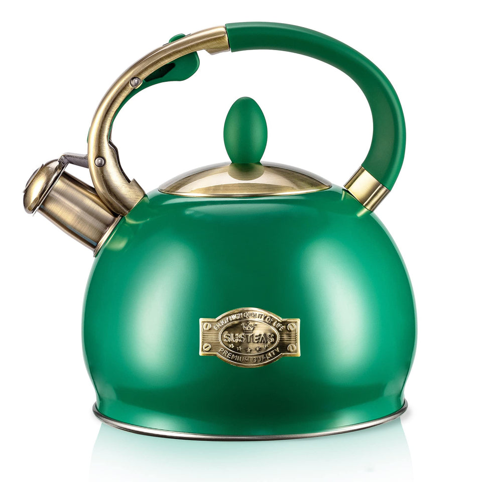 SUSTEAS stove top tea kettle with cool push-button handle for safe pouring.