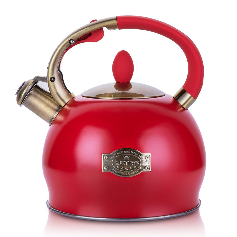 SUSTEAS stove-top kettle red with 2-64qt capacity for quick family tea.