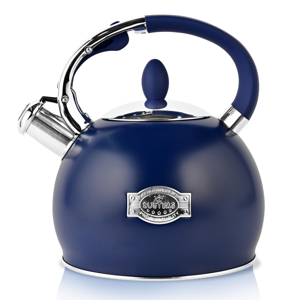 SUSTEAS stove-top whistling kettle in navy blue shows stylish design and safety focus for tea time.
