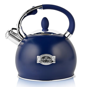 SUSTEAS stove-top whistling kettle in navy blue shows stylish design and safety focus for tea time.