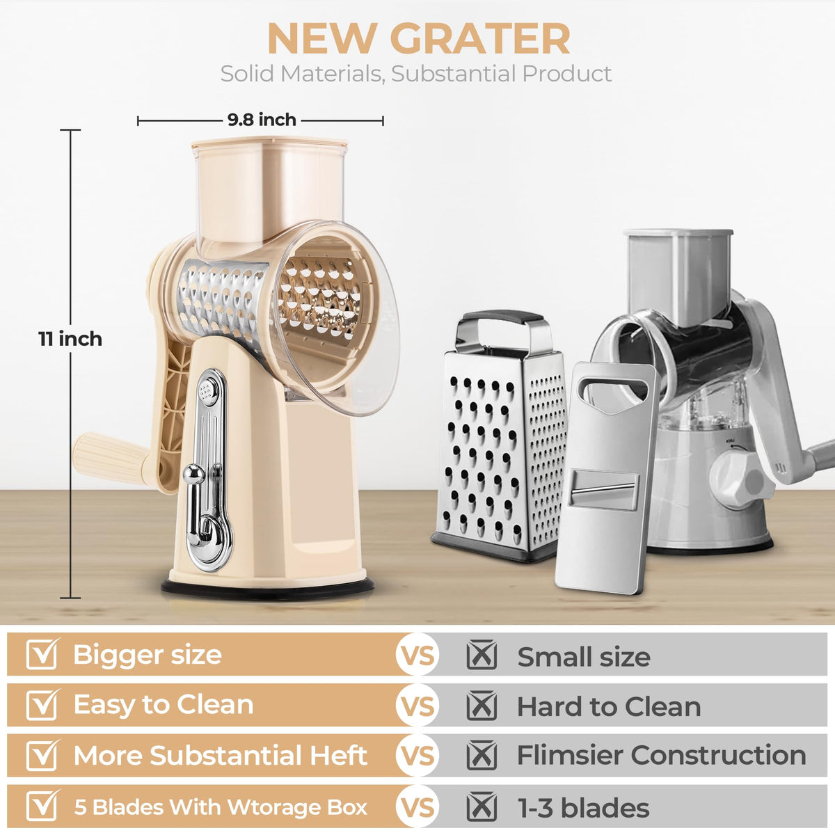 SUSTEAS vegetable shredder with 5 blades for fast prep and versatile cuts.