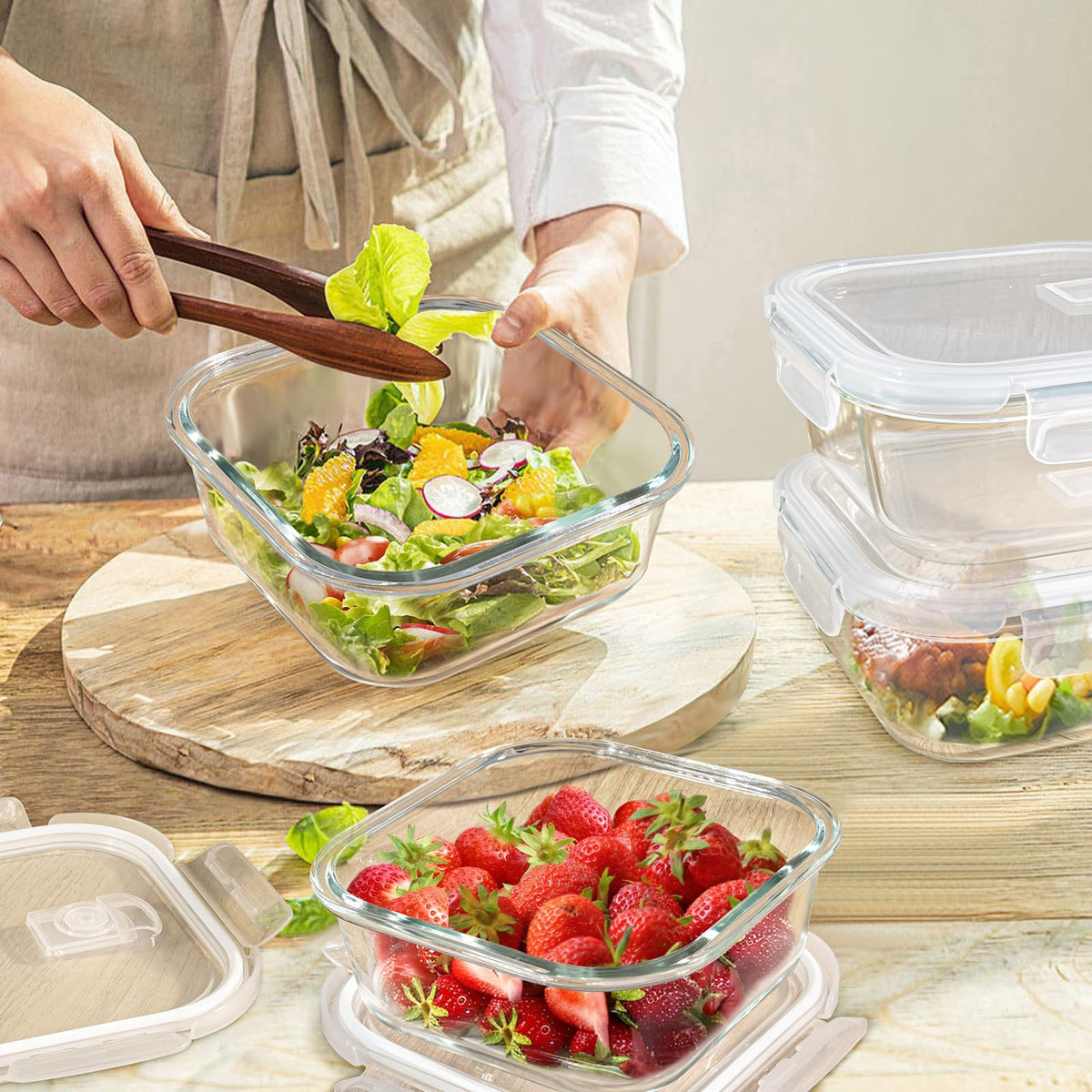 Eco-friendly reusable glass containers replace disposable packaging.
