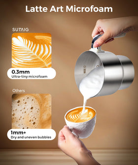 Sutaig milk frother dual-temp heating for gentle warmth or hot drinks